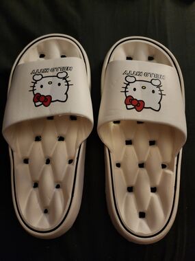 Hello Kitty White Slide Sandals with Red Bow Graphic